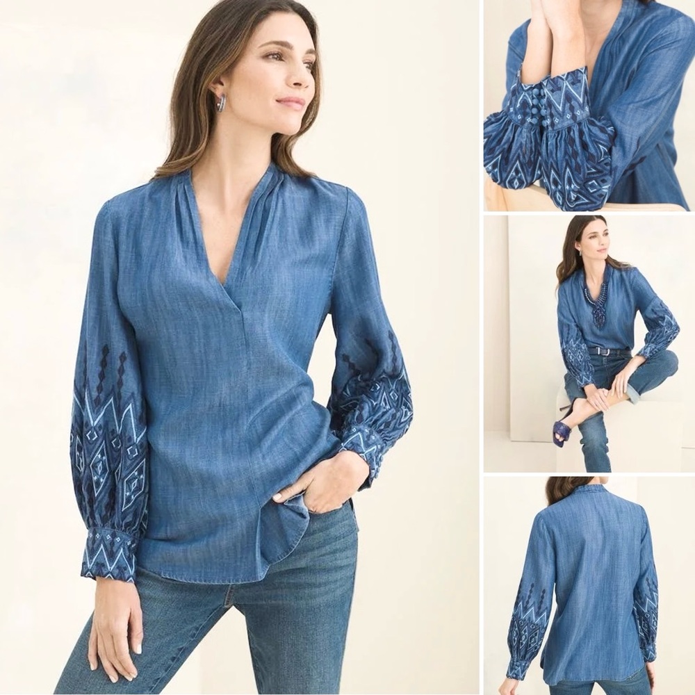 CHICO’S Denim Blue Blouse Embroidered Sleeve Pleats Neckline V- Neck Pullover